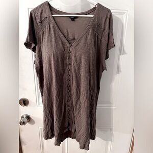 Torrid Brown Short Sleeve Buttoned Top with Smocking Detail